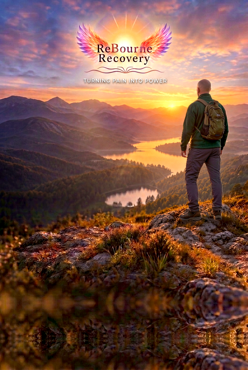 ReBourne Recovery logo with the tagline Turning pain into power, beside a man with a backpack on a hilltop at sunrise. A Gentler Path to Addiction Recovery. Personalised support, holistic approach, safe and non-judgemental, practical tools.