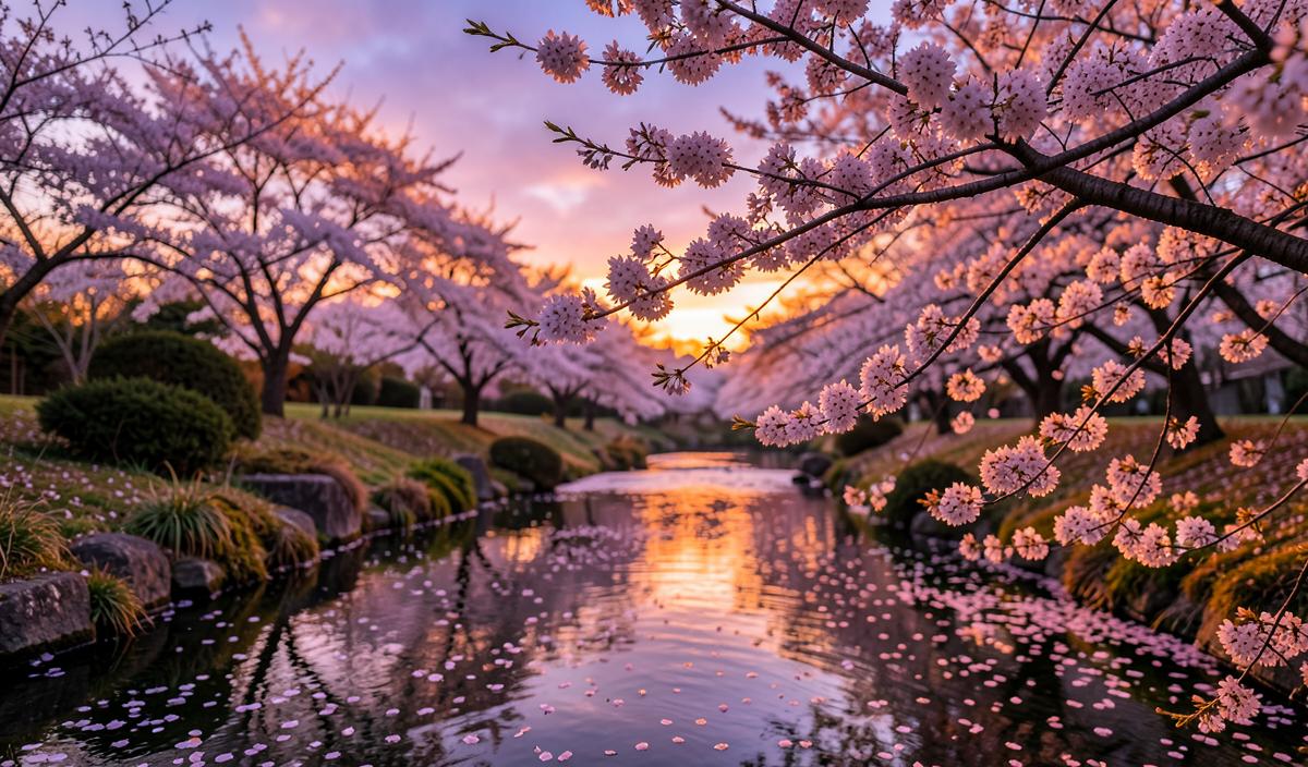 Cherry blossom branches over a quiet garden stream at sunset