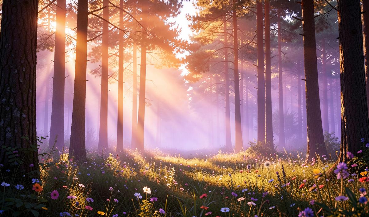 Sunlit forest clearing filled with wildflowers