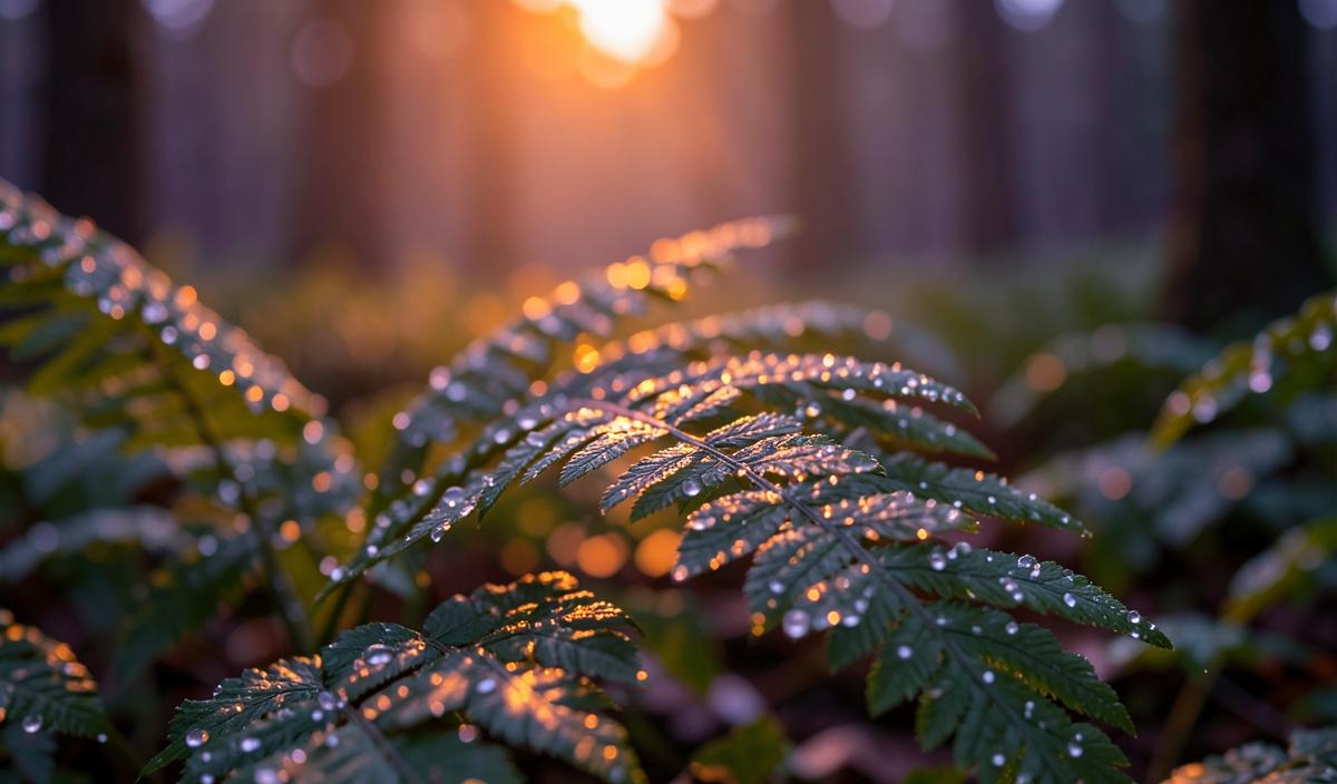 Dew on fern fronds lit by warm sunset light