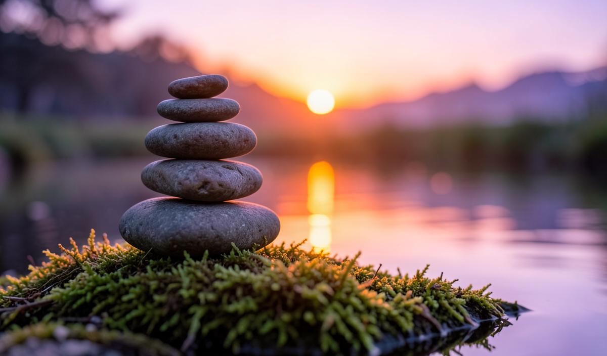 Balanced zen stones on moss beside still water at sunset