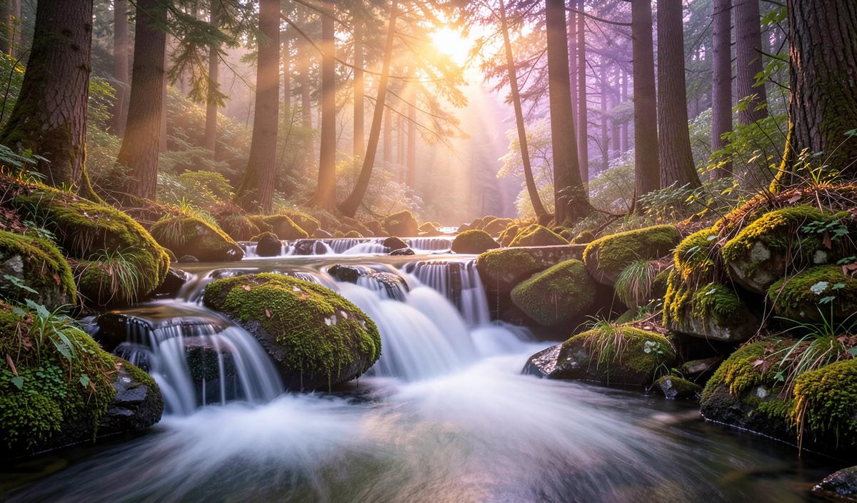 Gentle woodland waterfall trickling over mossy rocks
