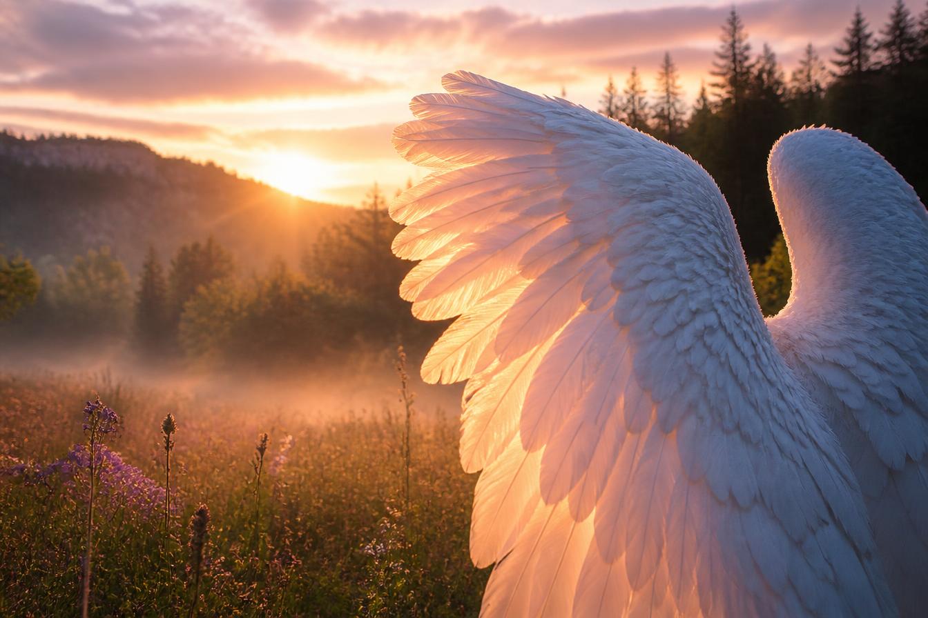 White angel wings unfurling at sunrise over a misty meadow with purple wildflowers