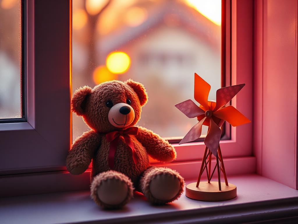 A childhood teddy bear and paper windmill on a sunlit windowsill