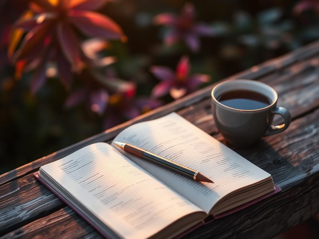 An open journal and pen on weathered wood at golden hour