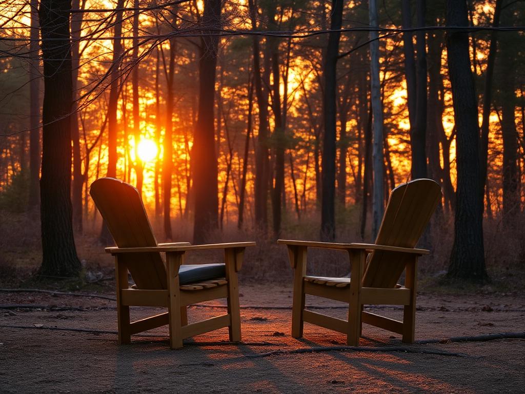 Two empty wooden chairs facing each other in a sunlit woodland