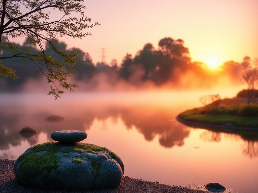Still misty pond at sunrise with a mossy stone