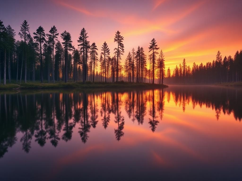 A still forest lake mirroring trees and a sunset sky
