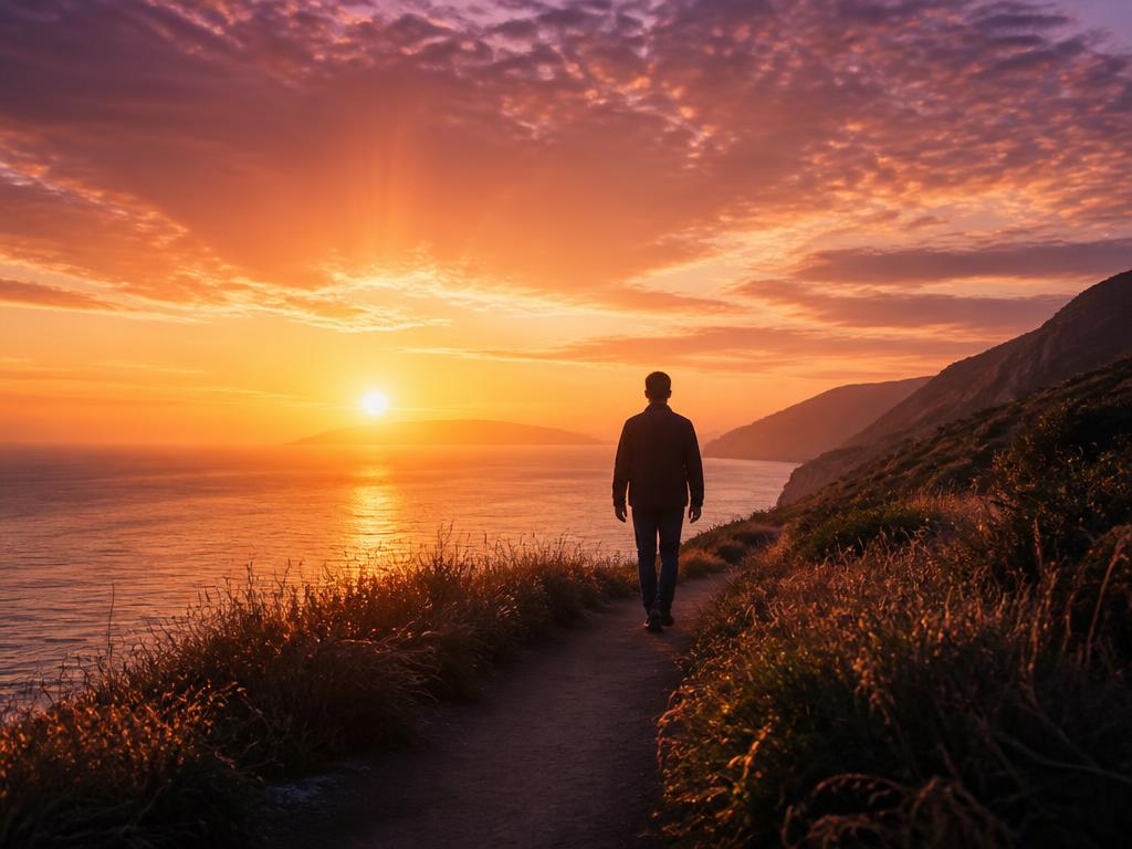 Walking a coastal path at sunrise in recovery