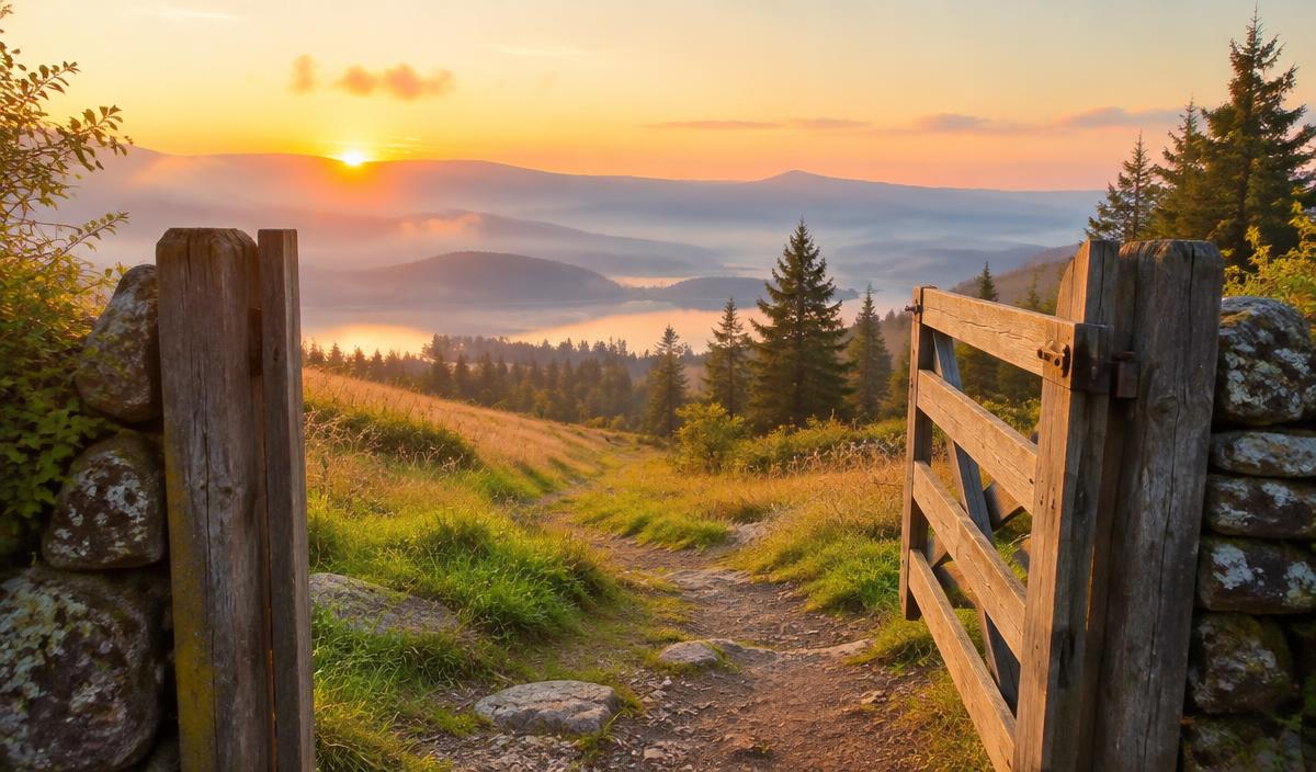An open wooden garden gate leading onto a sunlit path