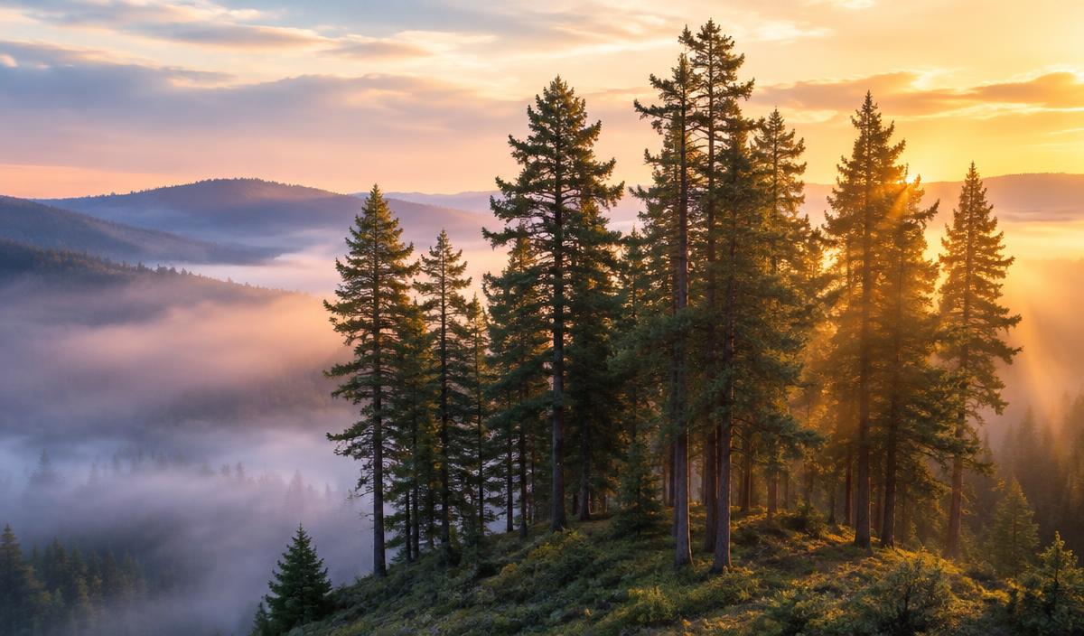 A grove of trees standing together as warm sunlight and violet mist filter between them