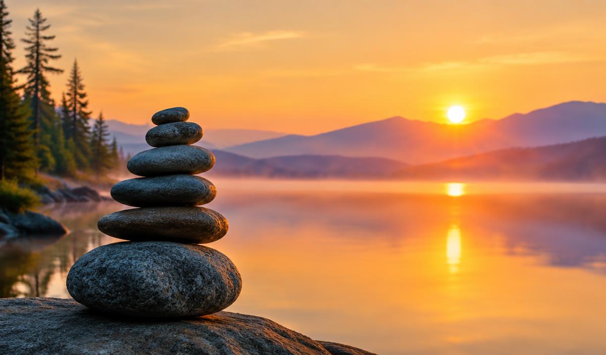 Balanced zen stones beside still water with gentle ripples at sunrise