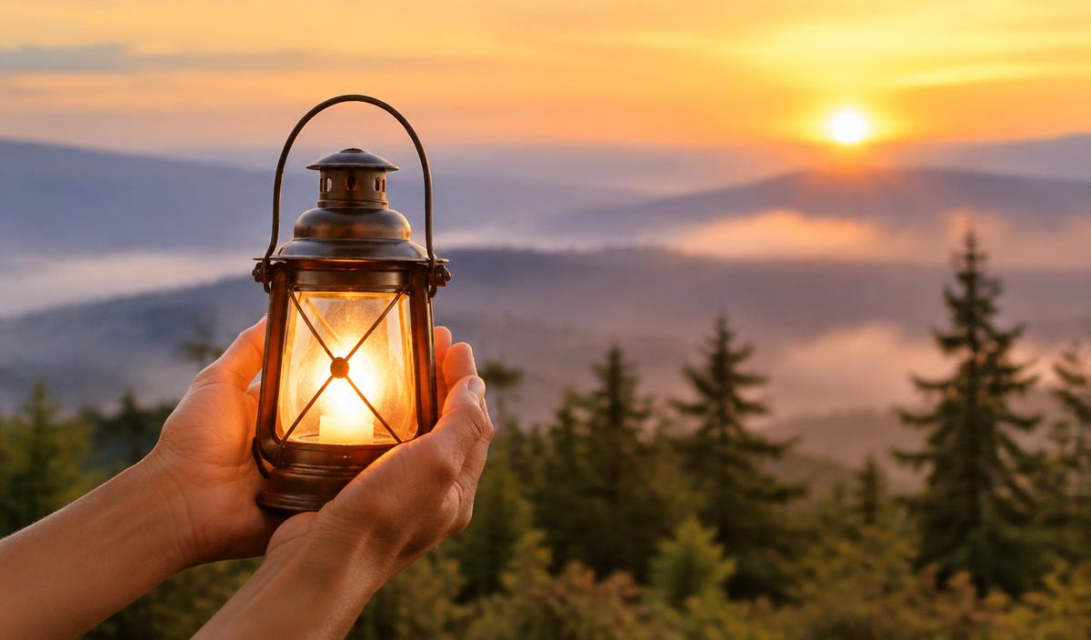 Hands cradling a glowing paper lantern in a peaceful garden