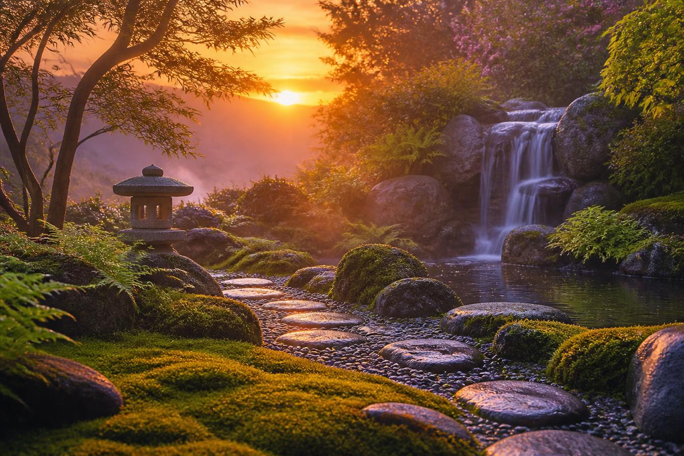 A peaceful zen garden at sunset with stepping stones, moss, a waterfall and a stone lantern